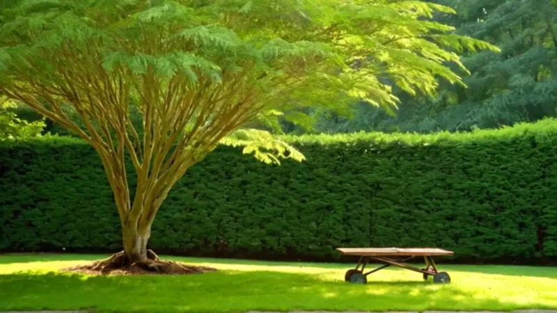 Una persona poda un árbol frondoso