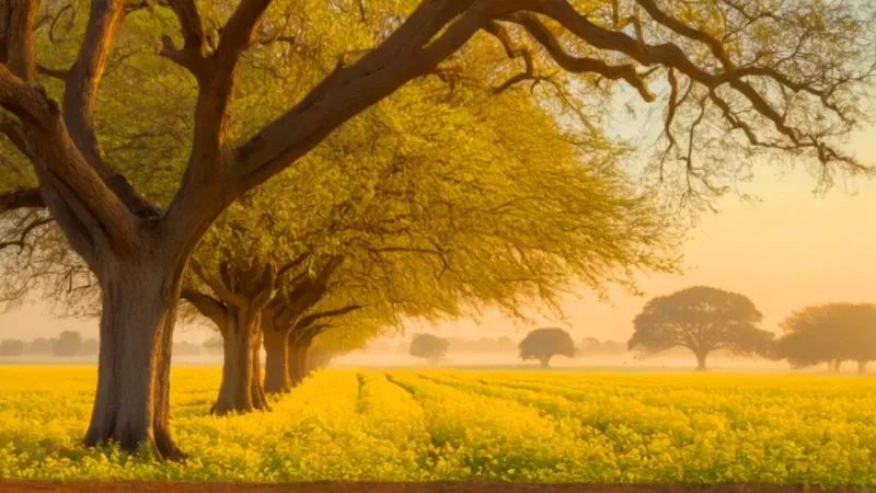Atardecer dorado en una arboleda de acacias