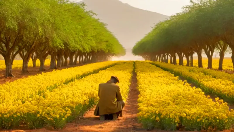 Un hombre cultiva acacias bajo el sol