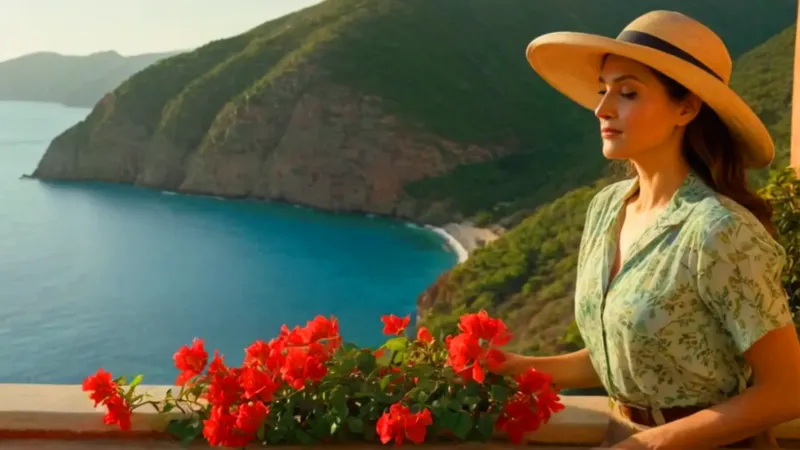 Mujer cuida su jardín frente al mar