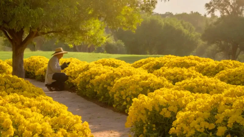 Jardinero cuida flores en una tarde serena