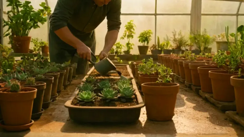 Alguien riega plantas en un invernadero