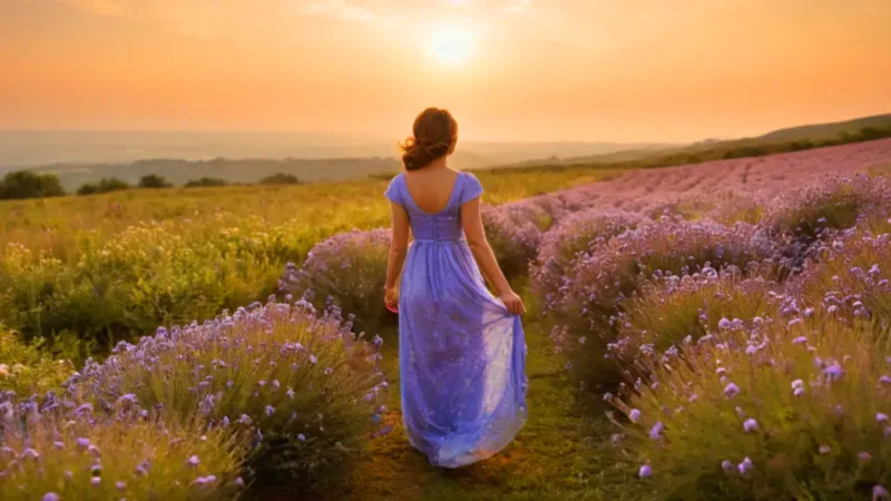 Figura en un campo morado al atardecer