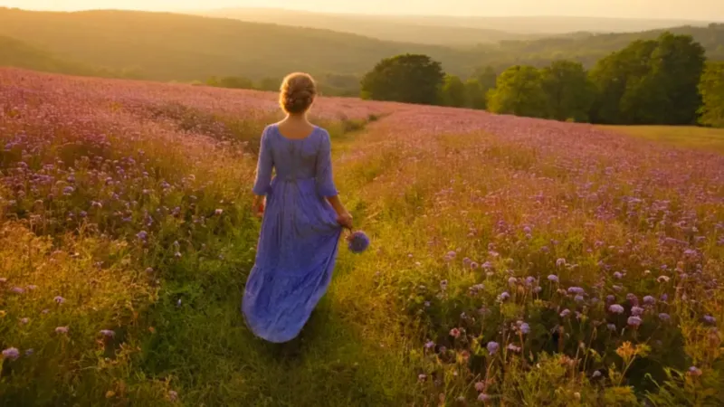 Mujer entre flores bajo el sol poniente