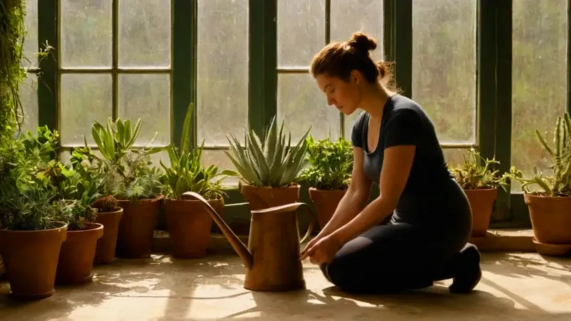 Mujer cuida una planta en el invernadero