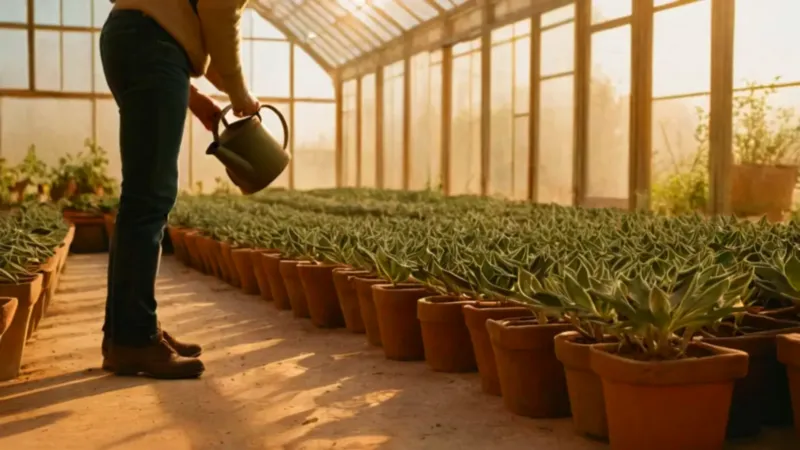 Persona cuidando plantas dentro de un invernadero