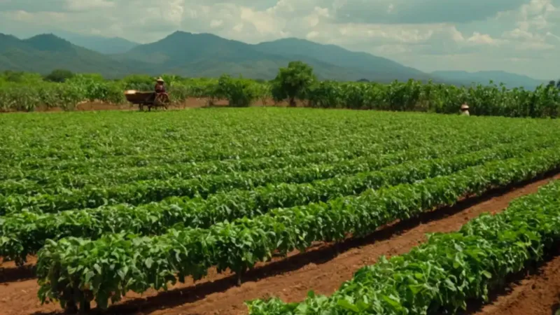 Un agricultor cosecha rocotos bajo el sol