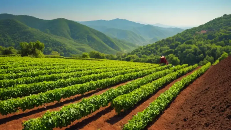 Un campesino cosecha pimientos en la ladera