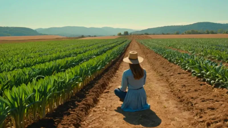 Agricultor revisa su cultivo al atardecer