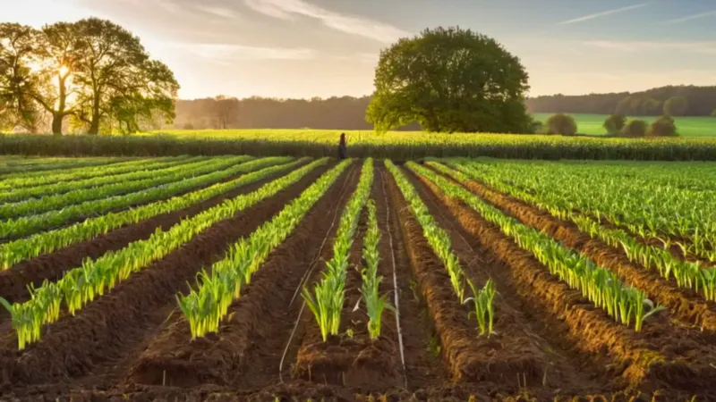 Campesino siembra puerros en un campo