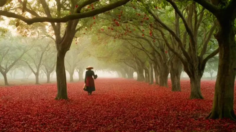 Una figura cosecha fruta bajo el sol