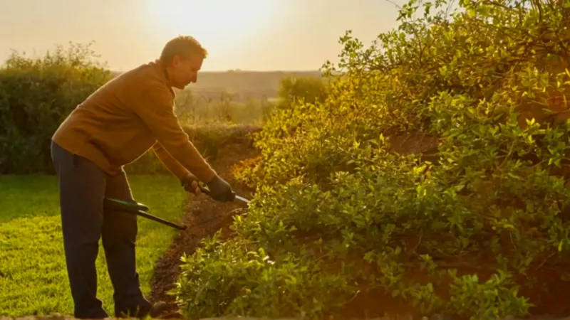 Jardinero podando un arbusto bajo el sol
