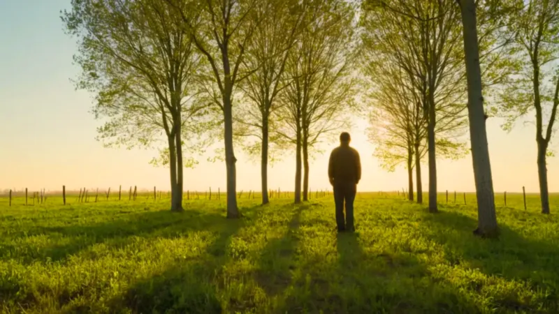 Hombre contempla álamos jóvenes al atardecer