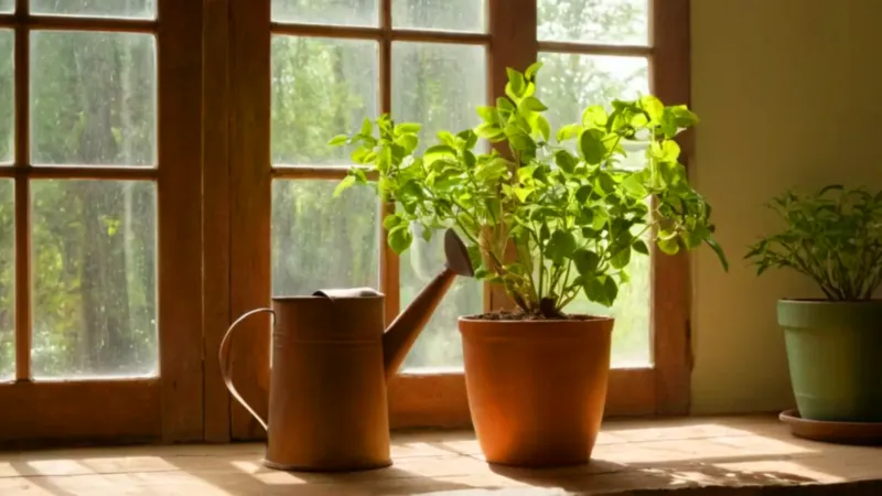 Persona cuidando plantas en una habitación soleada