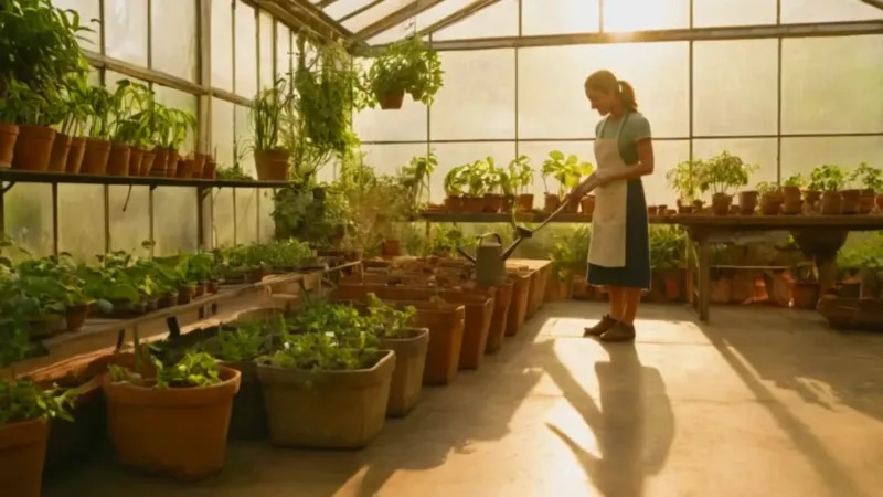 Un jardinero trabaja en un invernadero soleado