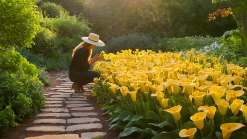 Una persona cuida flores bajo el sol