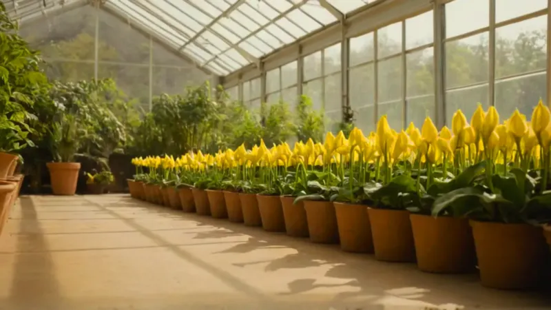 Una figura entre plantas en un invernadero