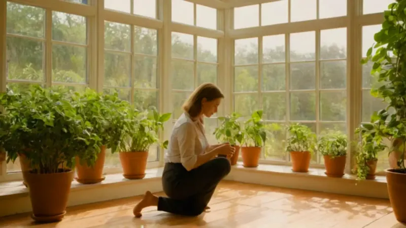 Mujer cuidando una planta bajo la luz