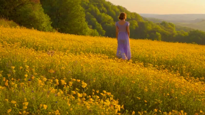 Mujer en un prado bañado de sol