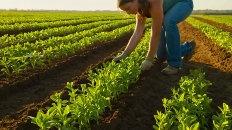 Persona plantando en un campo soleado