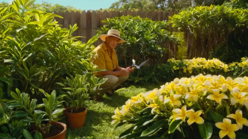 Un jardinero cuida su jardín soleado