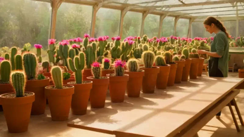 Invernadero soleado con cactus en flor