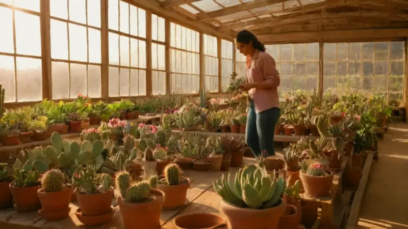 Persona cuidando plantas en un cálido invernadero