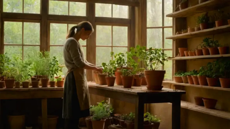 Una persona cuida una planta con concentración