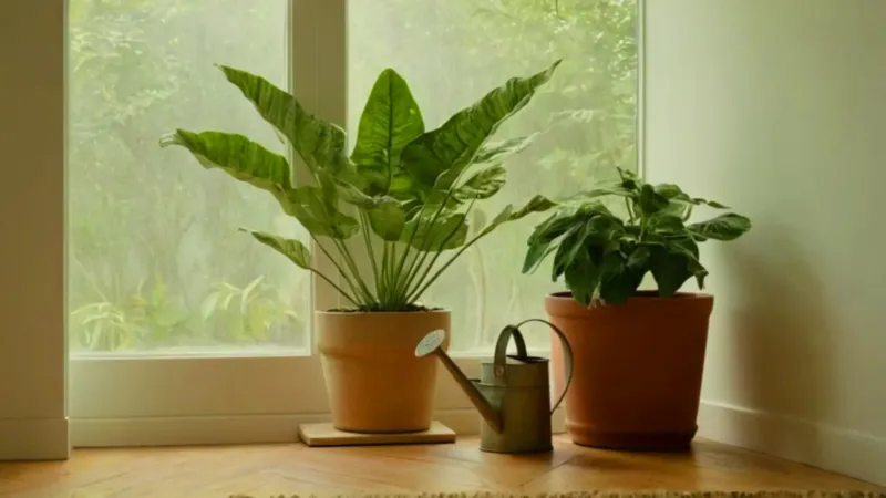 Persona cuida su planta junto a la ventana