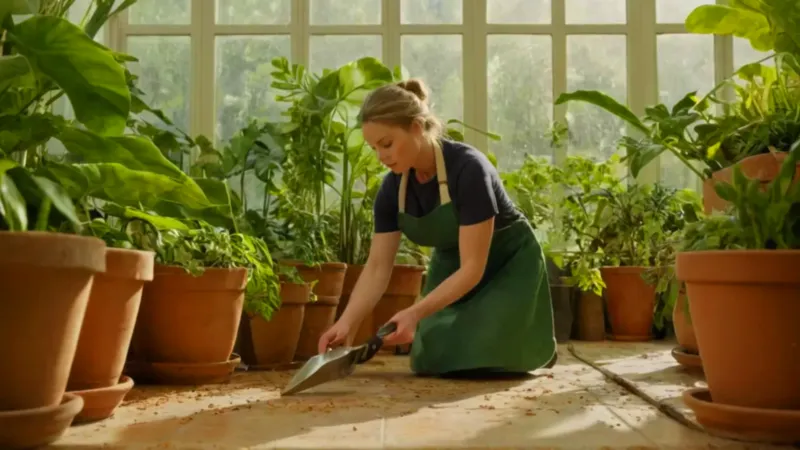 Un jardinero cuida plantas en un invernadero