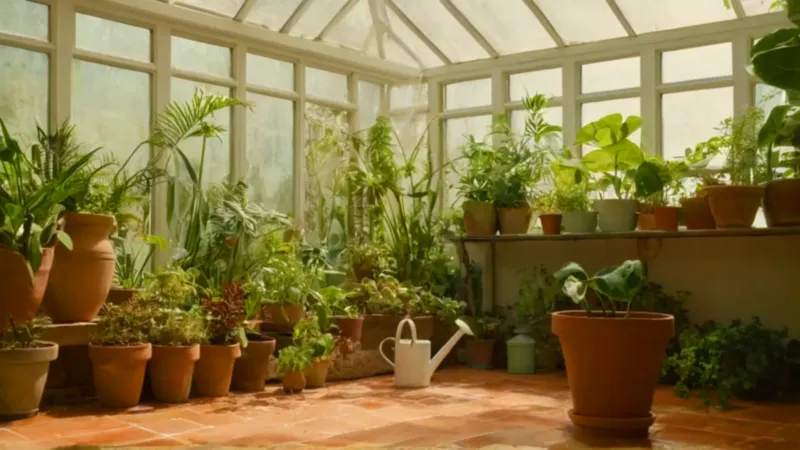 Jardinería en un invernadero lleno de luz