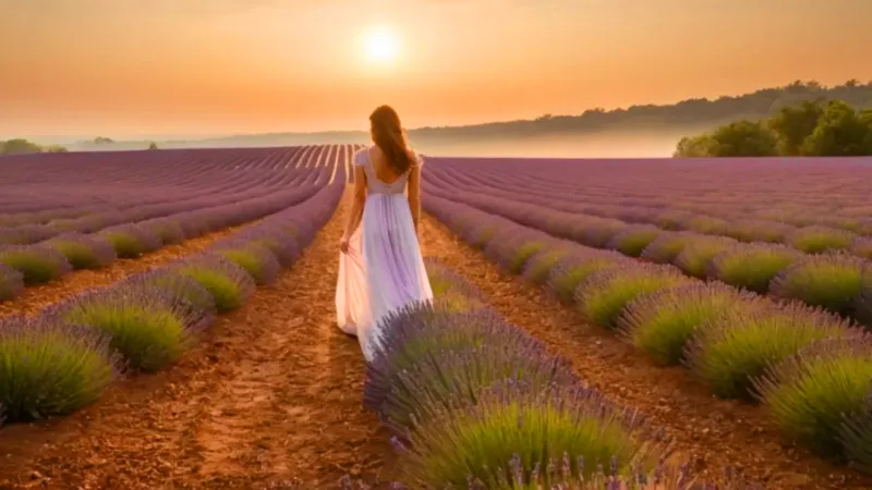 Figura en campo de lavanda al atardecer