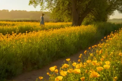 Mujer entre amapolas doradas al atardecer