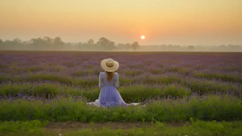 Figura arrodillada entre amapolas al atardecer
