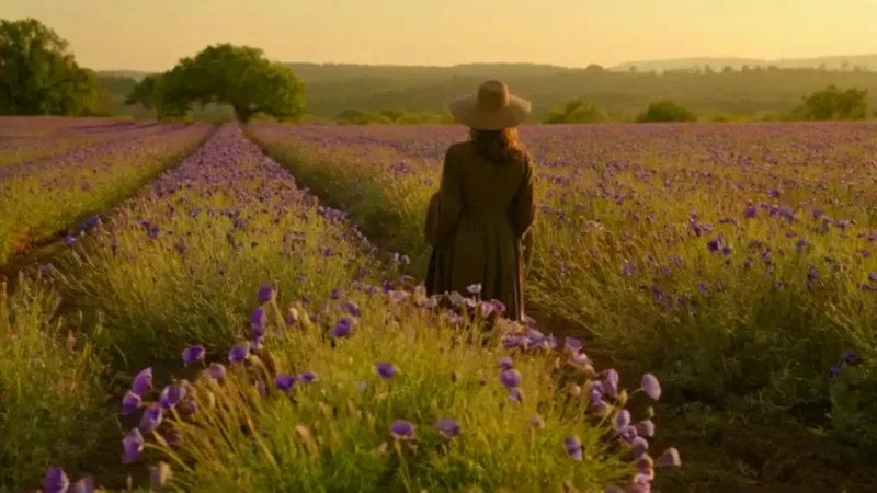 Figura solitaria entre amapolas al atardecer