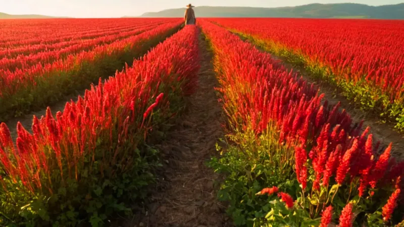 Figura en un campo de amaranto al atardecer