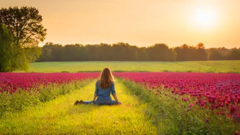 Mujer cuidando flores bajo una luz dorada