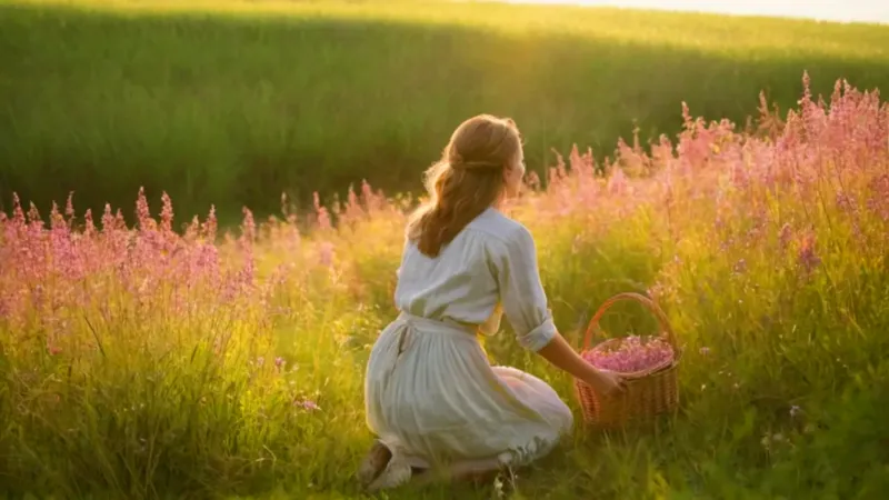 Mujer trabajando en el campo al atardecer