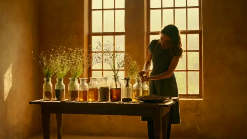 Una mujer prepara hierbas bajo la luz