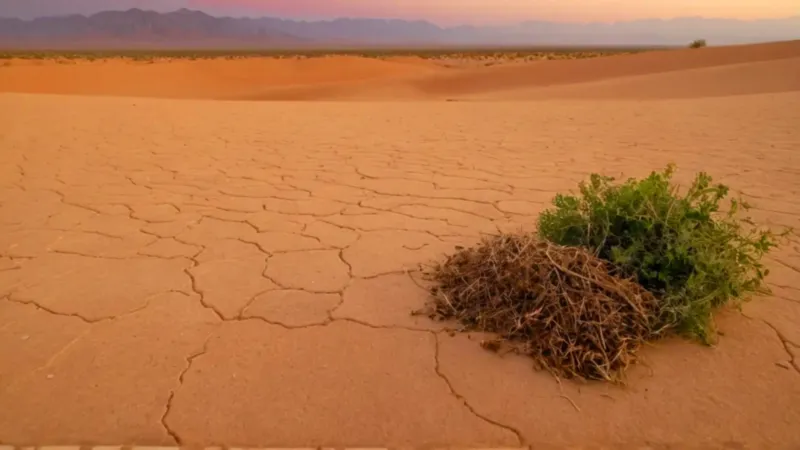 Figura muele hierbas en el desierto crepuscular
