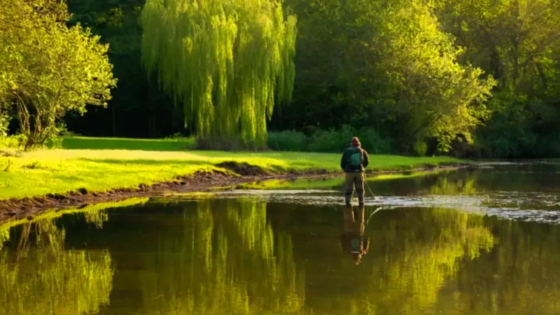 Una figura siembra en el estanque sereno