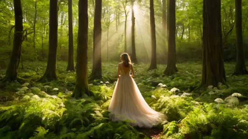 Mujer en un claro iluminado del bosque