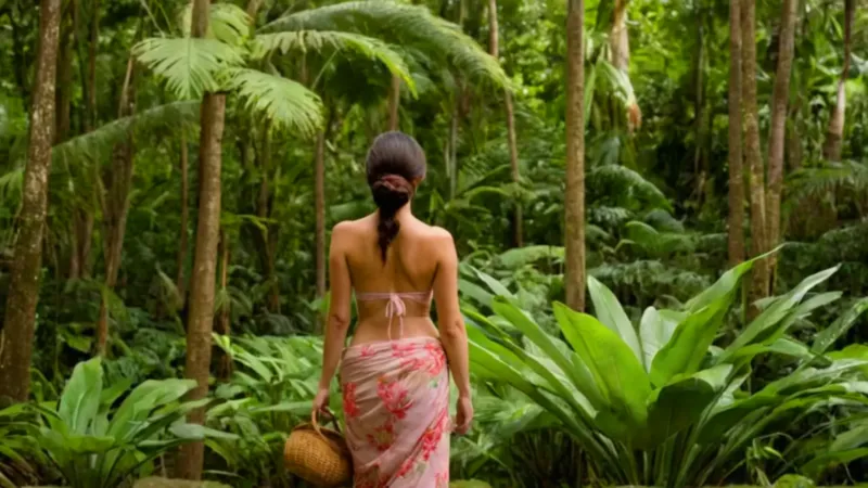 Mujer recoge flores exóticas en la selva
