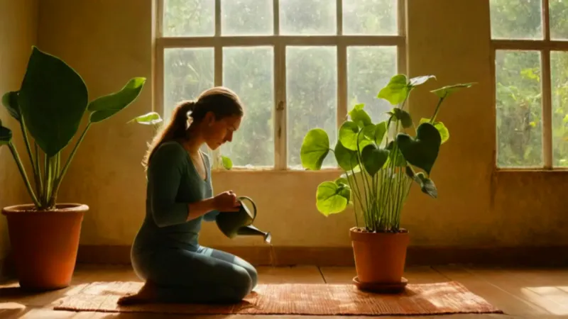 Mujer a contraluz cuida una planta