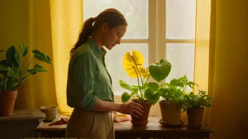 Luz ilumina a mujer cuidando su planta