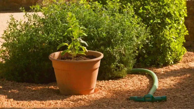 Un jardinero cuida un arbolito al atardecer