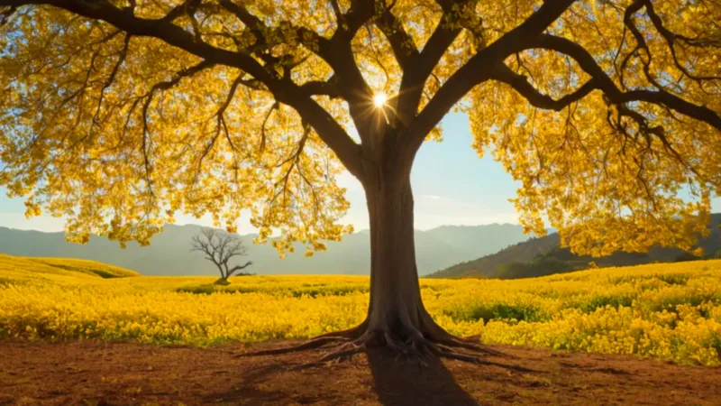 Un araguaney florecido domina el paisaje soleado