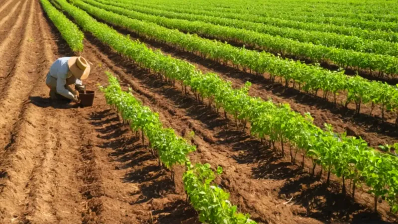 Un agricultor cultiva arándanos bajo el sol