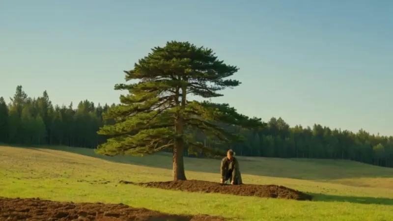 Alguien siembra árboles en un campo