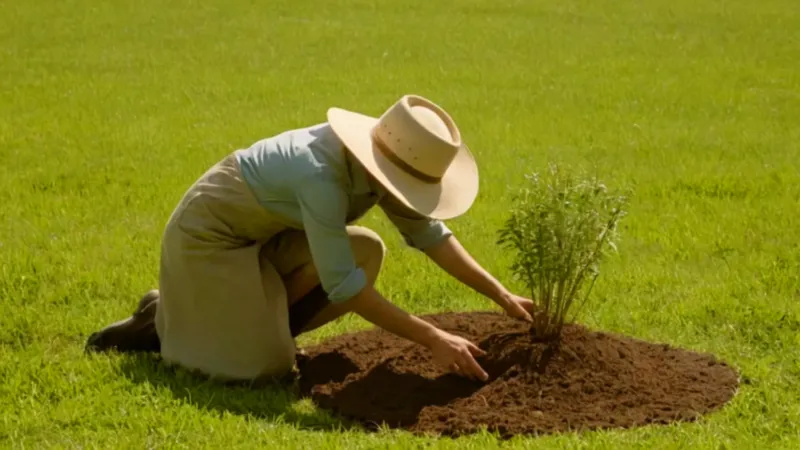 Una figura planta un pequeño árbol